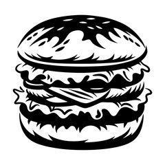 Monochrome depiction of a towering, delicious burger with layers of ingredients