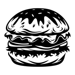 Monochrome drawing of a burger, featuring a bun, patty, cheese, lettuce, and sauce