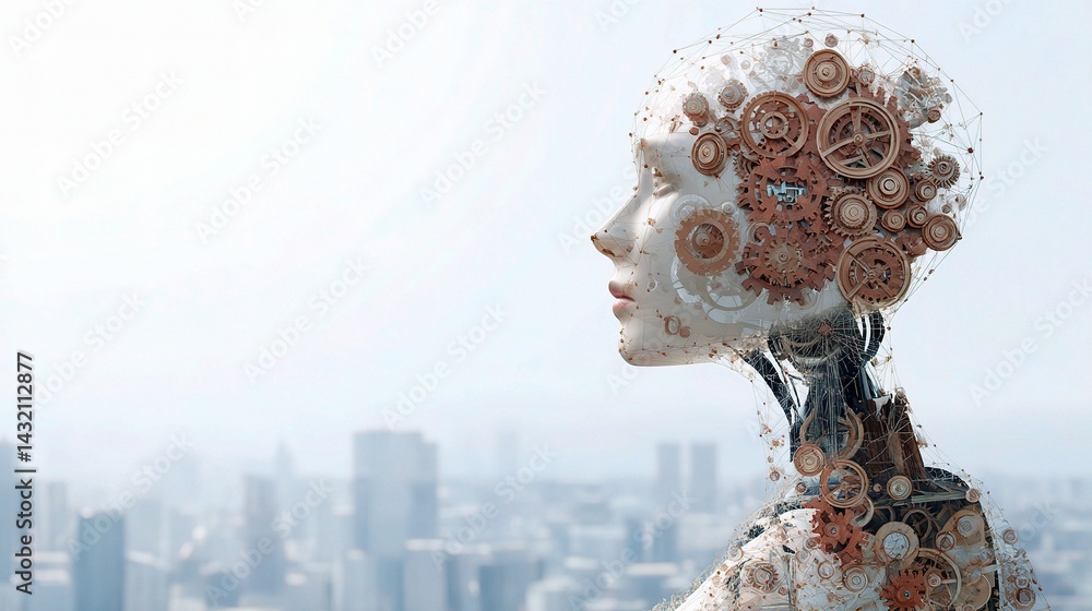 Poster artificial intelligence head with gears and neural network design