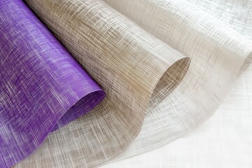 Three rolls of textured fabric in various shades.
