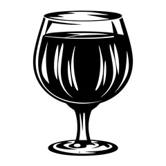Stylized black and white illustration of a wine glass filled with liquid
