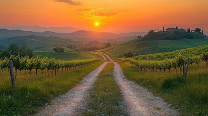 Fototapeta premium Tuscan Sunset: Vineyard Road to Tranquility