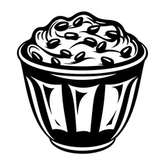 Stylized black and white graphic of a dessert bowl filled with toppings