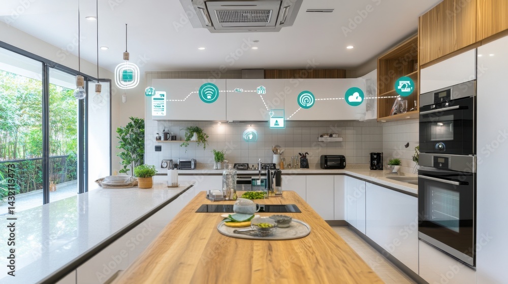 Poster control panel mapping out connected home devices by room and activity