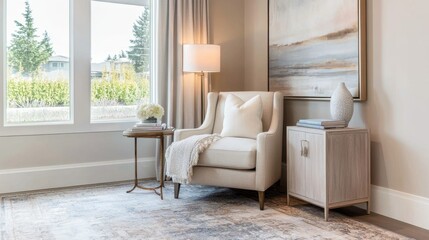 Cozy corner in a modern home with neutral rug, modern side table, and ambient light