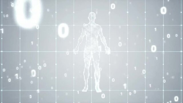 Digital Human Body with Flowing Binary Code and AI Elements in Futuristic Technology Background Animation

