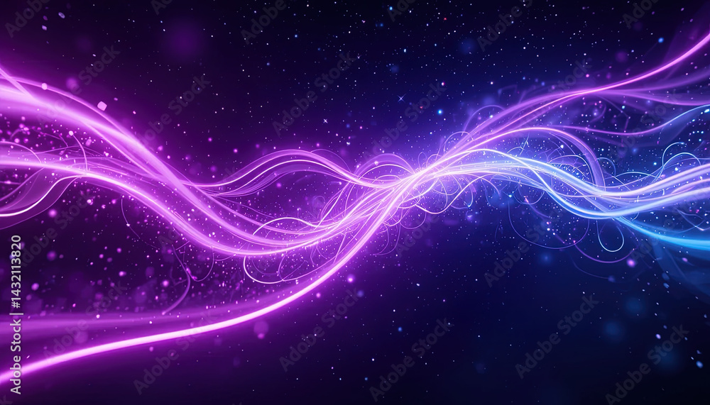 Poster dynamic, digital artwork with luminous lines and particles.