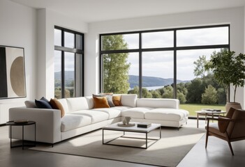 Fototapeta premium View of living room with sofa chair coffee table and a large window