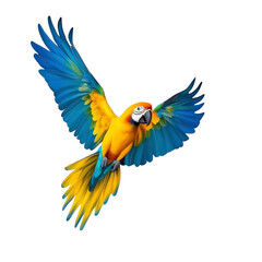 Fototapeta premium vibrant macaw with striking blue and yellow feathers is captured mid flight, showcasing its colorful plumage and graceful wingspan. parrot dynamic pose conveys sense of freedom and energy