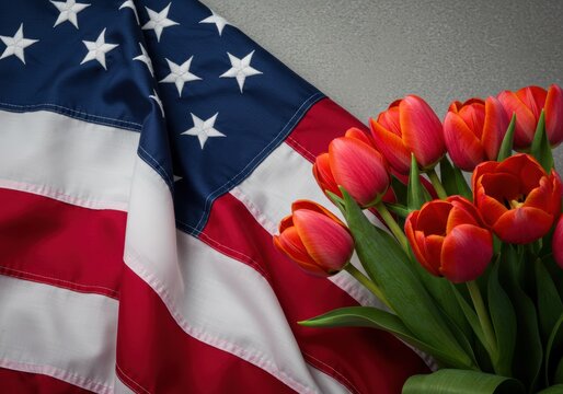 A colorful arrangement of red tulips rests beside the american flag on a neutral background.