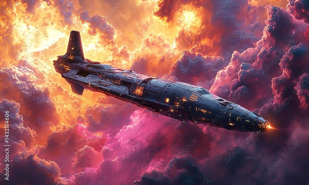 Aufkleber futuristic spaceship navigating through vibrant cosmic clouds during an interstellar journey