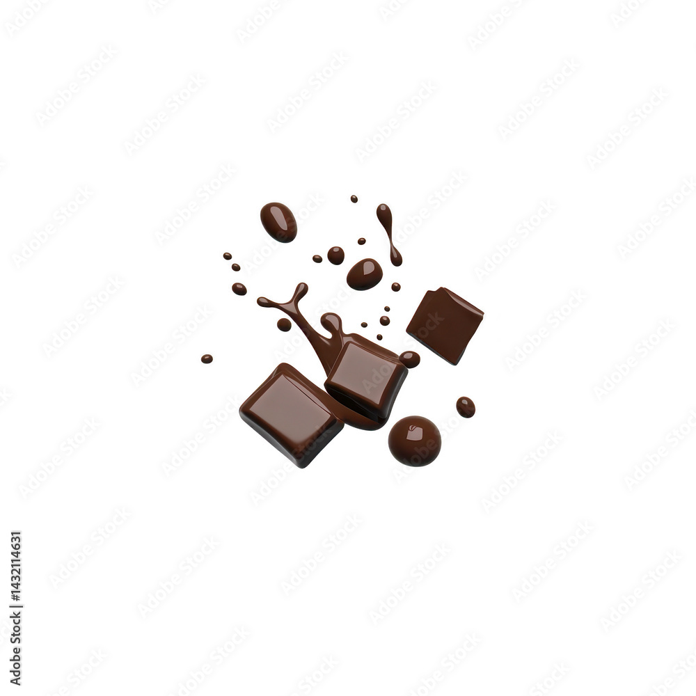 Poster rich dark chocolate pieces and splashes create dynamic and indulgent visual. glossy texture and deep