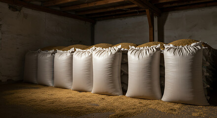 Large White Grain Sacks Stored in a Rustic Barn
