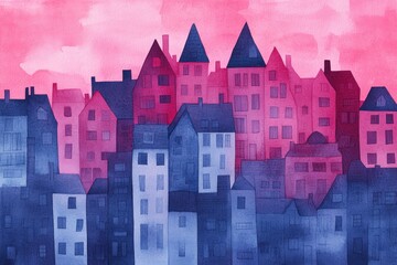 Colorful cityscape illustration with soft, muted hues.