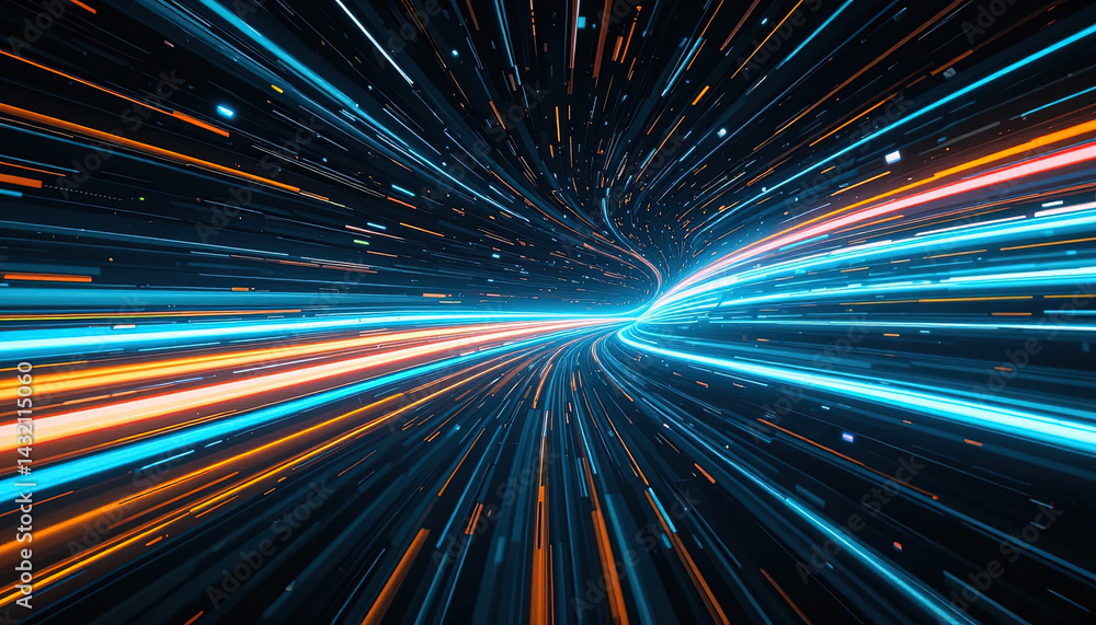 Poster fast-paced, abstract image showing a luminous tunnel with dynamic, multi-colored light streaks.