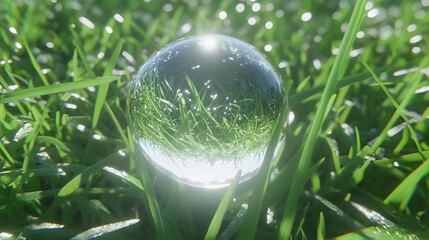 Crystal Ball Reflecting Lush Green Grass in Sunlight