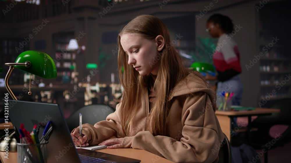 Poster college student working on laptop under green lamp in a quiet setting, using university library in t