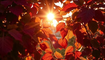 Autumn leaves illuminated by sunset with sun rays shining through the foliage