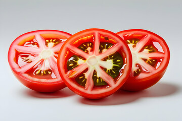 Three Fresh Red Tomato Slices Isolated on White for Healthy Eating and Cooking Concepts: Juicy Vegetable Ingredient Imagery: Tomato, Slices, Red, Isolated, White, Fresh, Healthy, Eating, Cooking, Vege