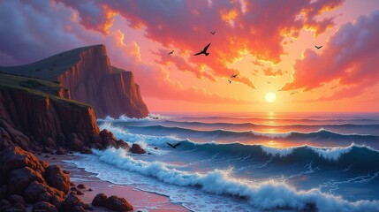 Obraz premium Wild Horizon: Vibrant Colors Over the Ocean's Edge