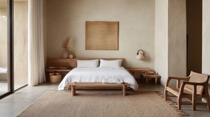 Neutral-toned modern guest room with simple decor and streamlined furniture