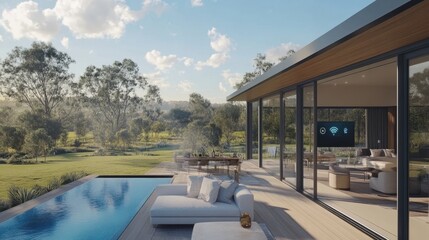 Fototapeta premium Open-plan living room showing scenes activated by automation system