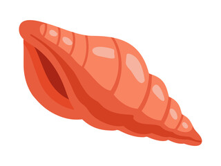 Conch spiral Shell in red color. Ocean exotic underwater seashell. Cartoon vector illustration on white background.