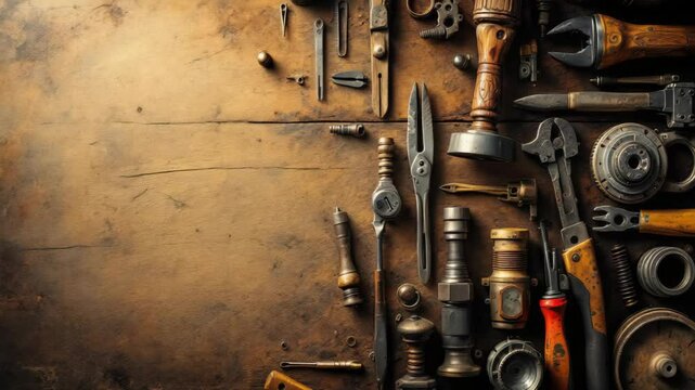 Vintage tools and gadgets on rustic wooden surface