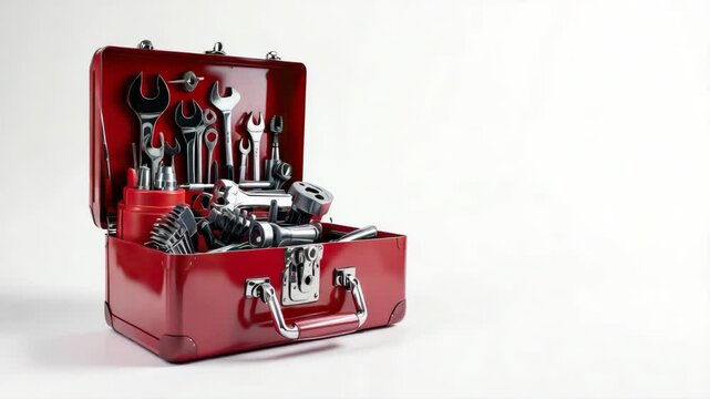 Red toolbox with assorted tools on white background