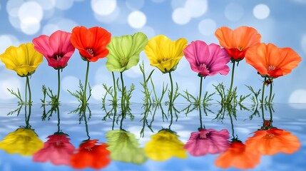 Fototapeta premium Vibrant Rainbow Flowers Reflection in Water