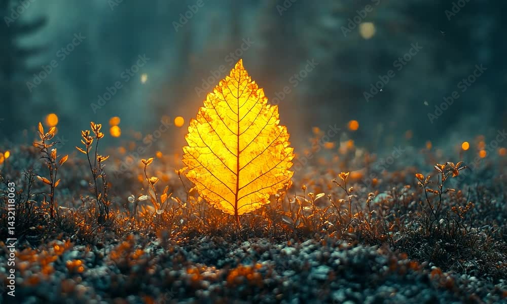 Poster illuminated autumn leaf standing out in a misty forest with soft glowing lights in the background
