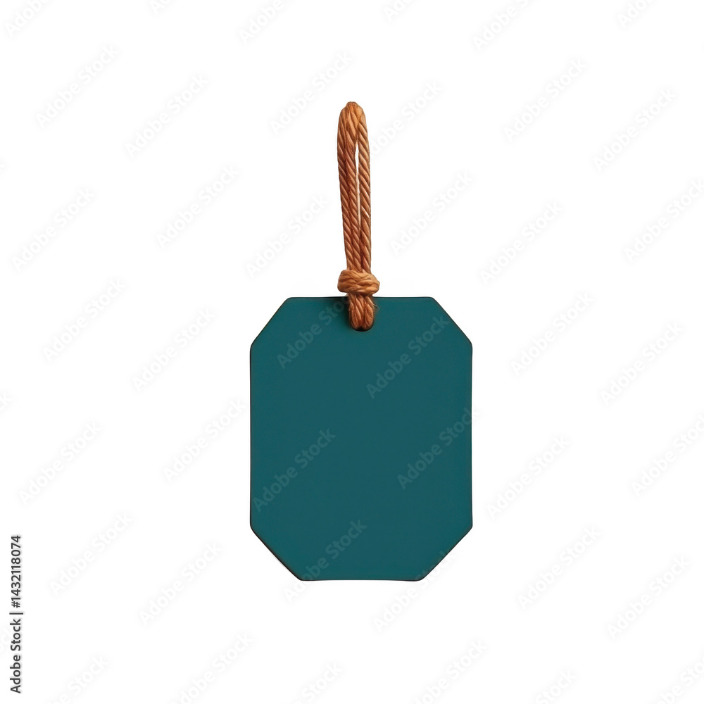 Poster teal octagonal tag with brown rope loop is isolated on transparency background, perfect for labeling