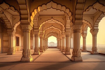 Obraz premium Ancient Indian palace colonnade bathed in golden sunlight.