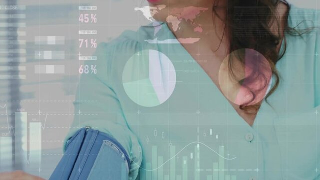 Nurse monitoring blue blood pressure cuff in health clinic, showing animated charts and world map