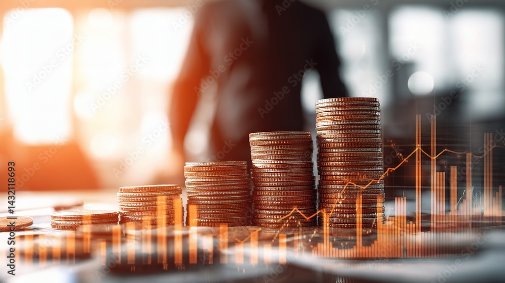 Poster businessman in office with coin stacks and rising graph background