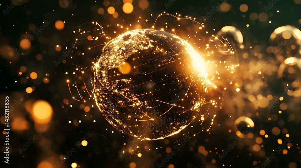 Poster digital earth globe with network connections and bokeh