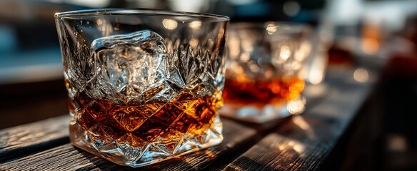 Crystal glass of amber liquor with ice on wooden surface