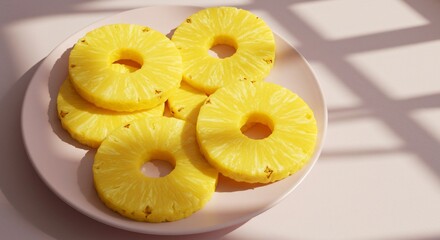 Pineapple rings on a plate bathed in sunshine, a tropical delight.