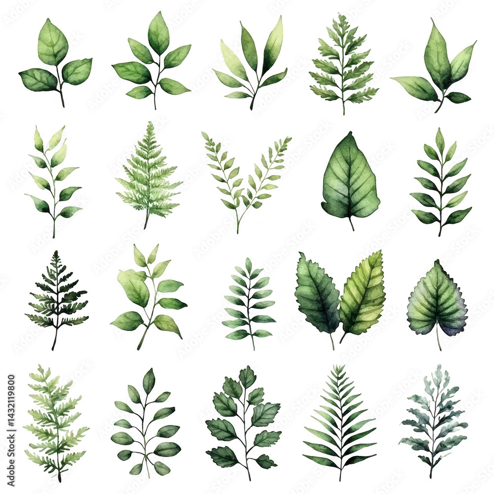 Poster collection of various green leaves, each with unique shapes and textures, displayed in grid pattern.