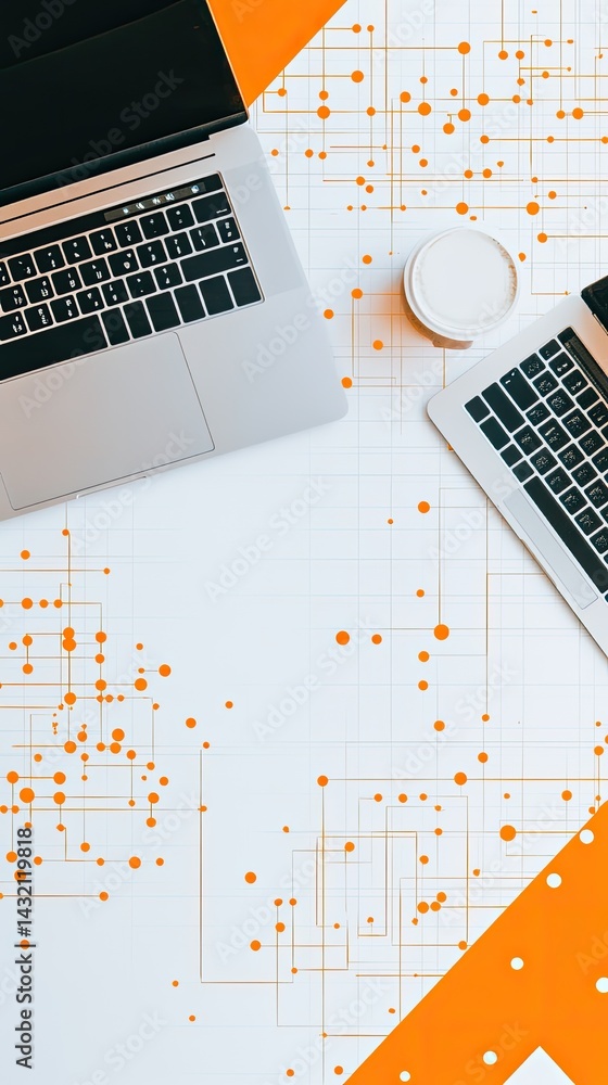 Aufkleber overhead view of computers and a coffee cup on a textured white and orange surface with an abstract 