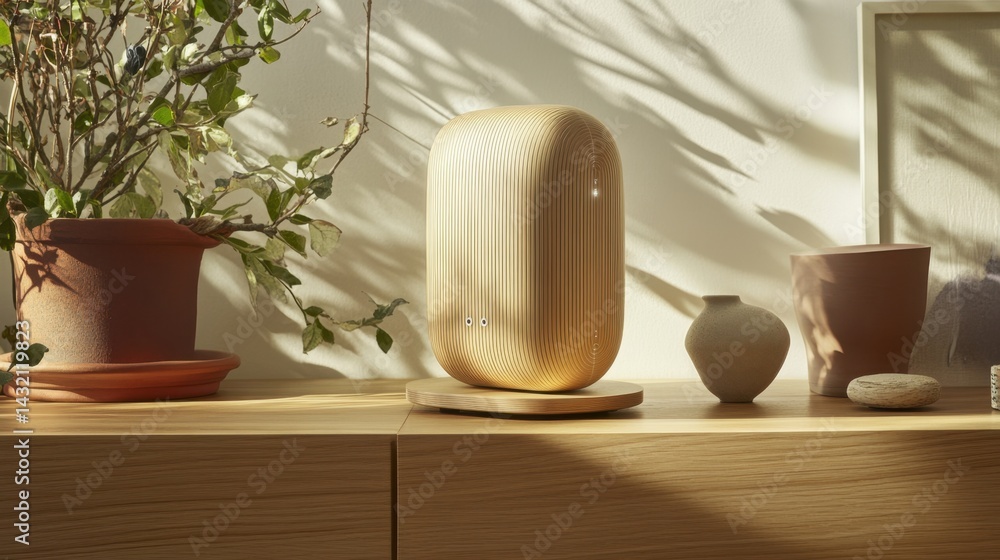Poster voice-controlled smart speaker on a wooden side table linking to all home systems