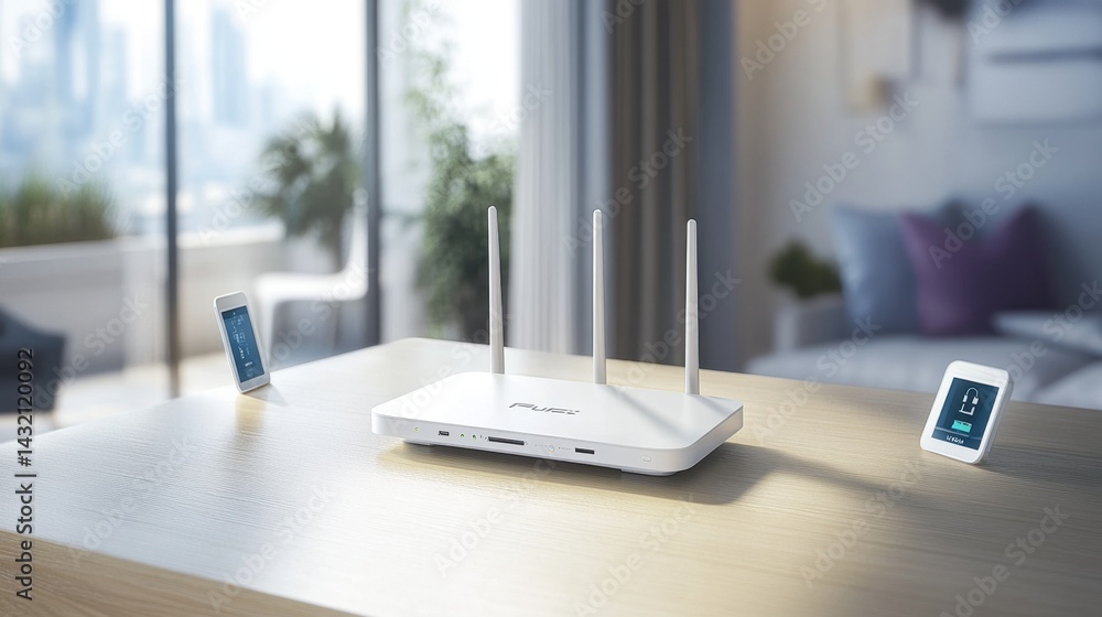 Poster wi-fi router surrounded by smart devices in a tech-forward living space