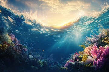 Underwater coral reef illuminated by a beautiful sunrise.