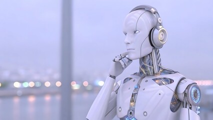 Thoughtful Robot with Headphones Artificial Intelligence Technology Future