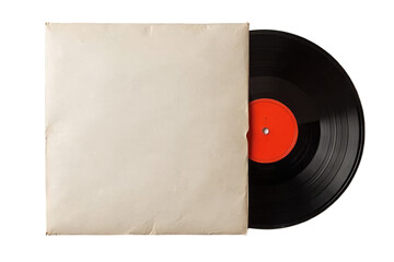 A vintage vinyl record with an orange label partially extends from its off-white paper sleeve, presented against a transparent background.