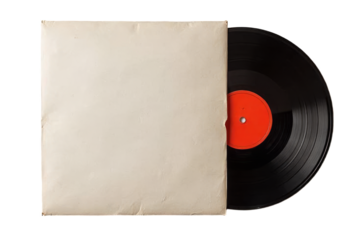 A vintage vinyl record with an orange label partially extends from its off-white paper sleeve, presented against a transparent background.