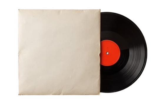 A vintage vinyl record with an orange label partially extends from its off-white paper sleeve, presented against a transparent background.