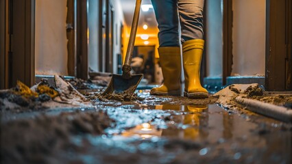 Cleanup Worker in Yellow Boots Scoops Mud after Flood Damage