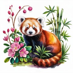 Obraz premium Charming Watercolor Illustration of a Red Panda Surrounded by Vibrant Flowers and Bamboo
