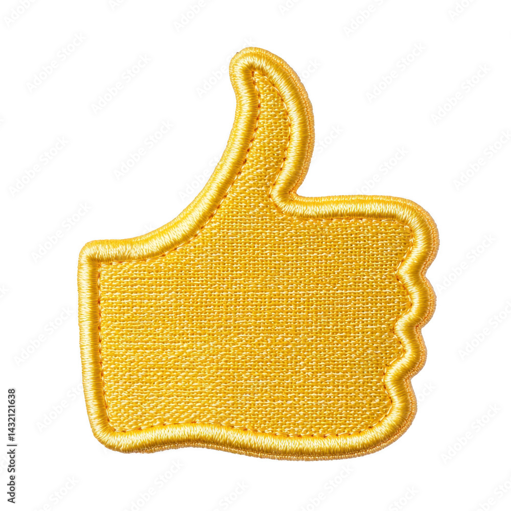 Poster yellow embroidered patch in shape of thumbs up symbol, representing approval or positivity. patch fe